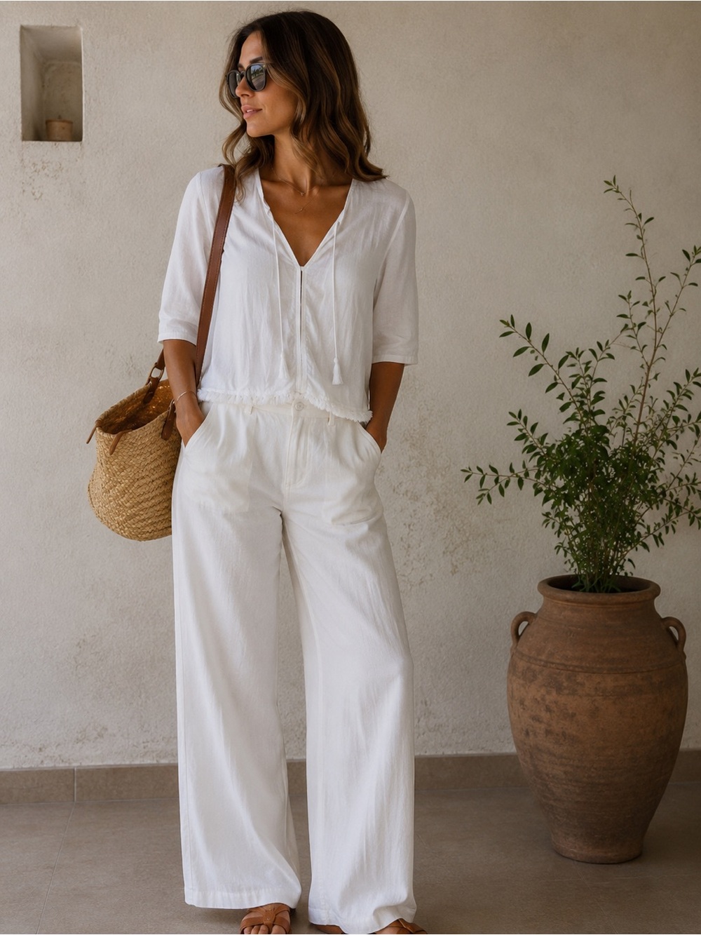GAP Modal Linen Blend White Tie Neck Blouse Frayed Hem Resort Summer XS